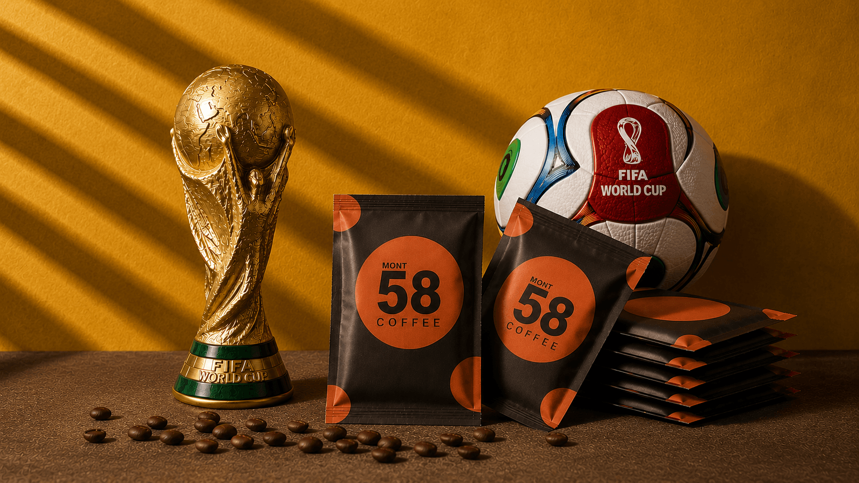 Mont58 coffee pouches on background of world cup football and trophy